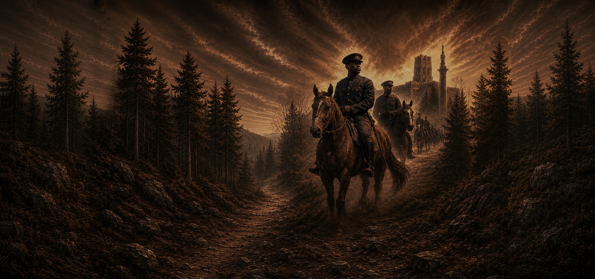 Buffalo Soldiers riding through a wooded West Point landscape